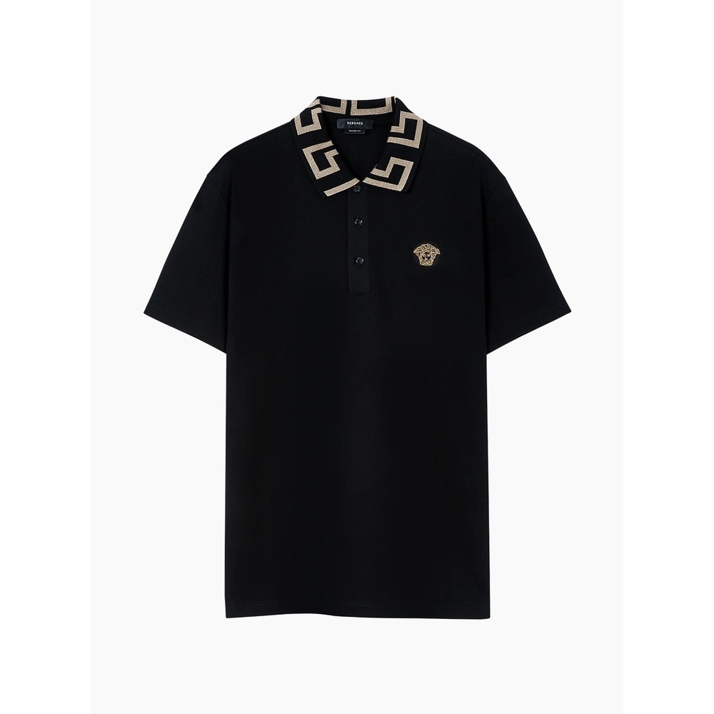 Versace Piquet Cotton Polo Shirt La Greca Collar Medusa Taylor Fit Medium Black